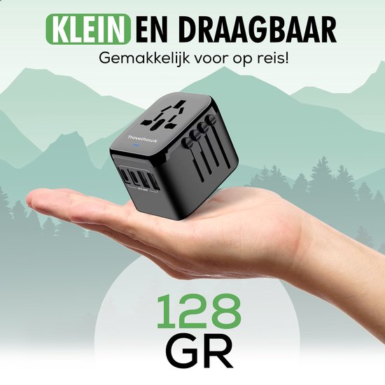 Zwarte reisstekker, klein en draagbaar, weegt 128 gram, gemakkelijk voor op reis.