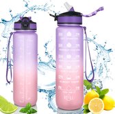 Drinkfles, 1 liter, lekvrij, waterfles, BPA-vrij, Tritan-waterfles met filter en motivatietijdmarkering voor school, gym, fitness, outdoor