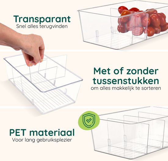 Illustratie toont een doorzichtige organizer, met en zonder tussenstukken, gemaakt van PET-materiaal voor langdurig gebruik.