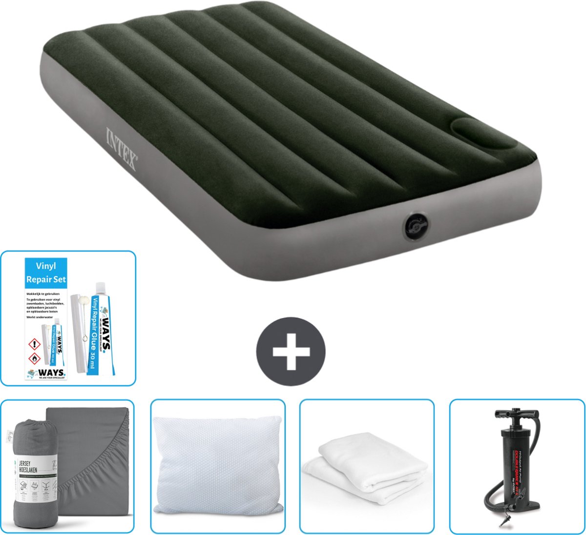 Intex Luchtbed - 1-Persoons - 99 x 191 x 25 cm - Groen - Hoeslaken - Kussen - Pomp - Reparatieset en Kussenbeschermer
