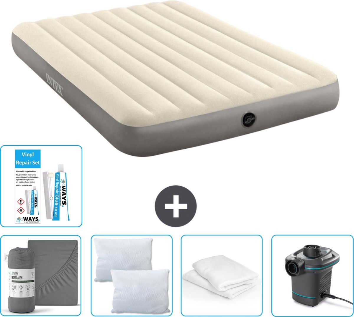 Intex Luchtbed - 2-Persoons - 152 x 203 x 25 cm - Beige - Inclusief Hoeslaken - Kussen - Pomp - Reparatieset en Kussenbeschermer