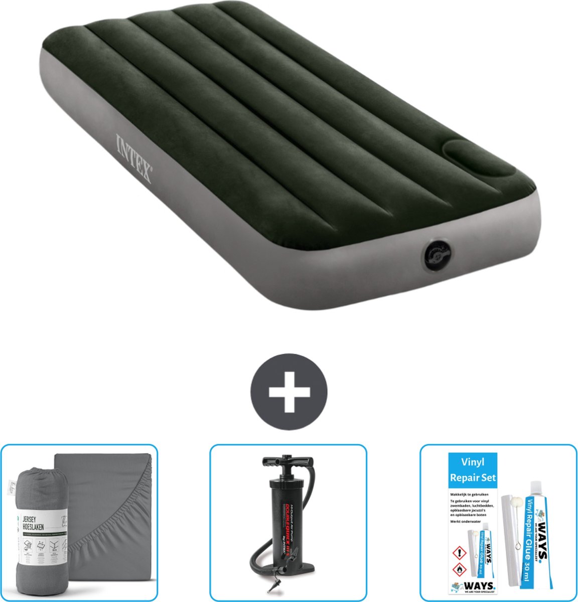 Intex Luchtbed - 1-Persoons - 76 x 191 x 25 cm - Groen - Hoeslaken - Pomp en Reparatieset