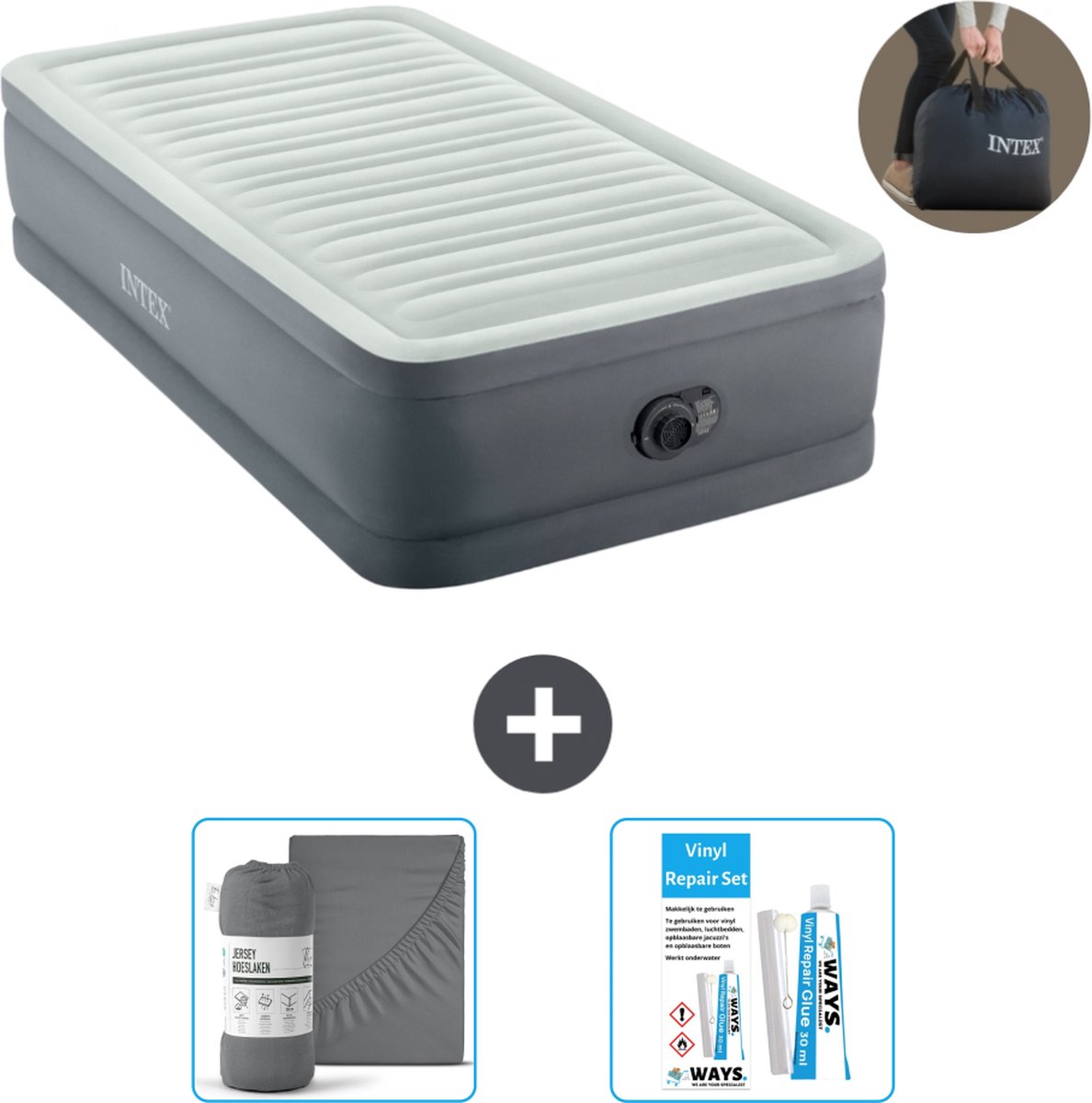 Intex Luchtbed - 1-Persoons - 99 x 191 x 46 cm - Grijs - Inclusief pomp - Hoeslaken en Reparatieset