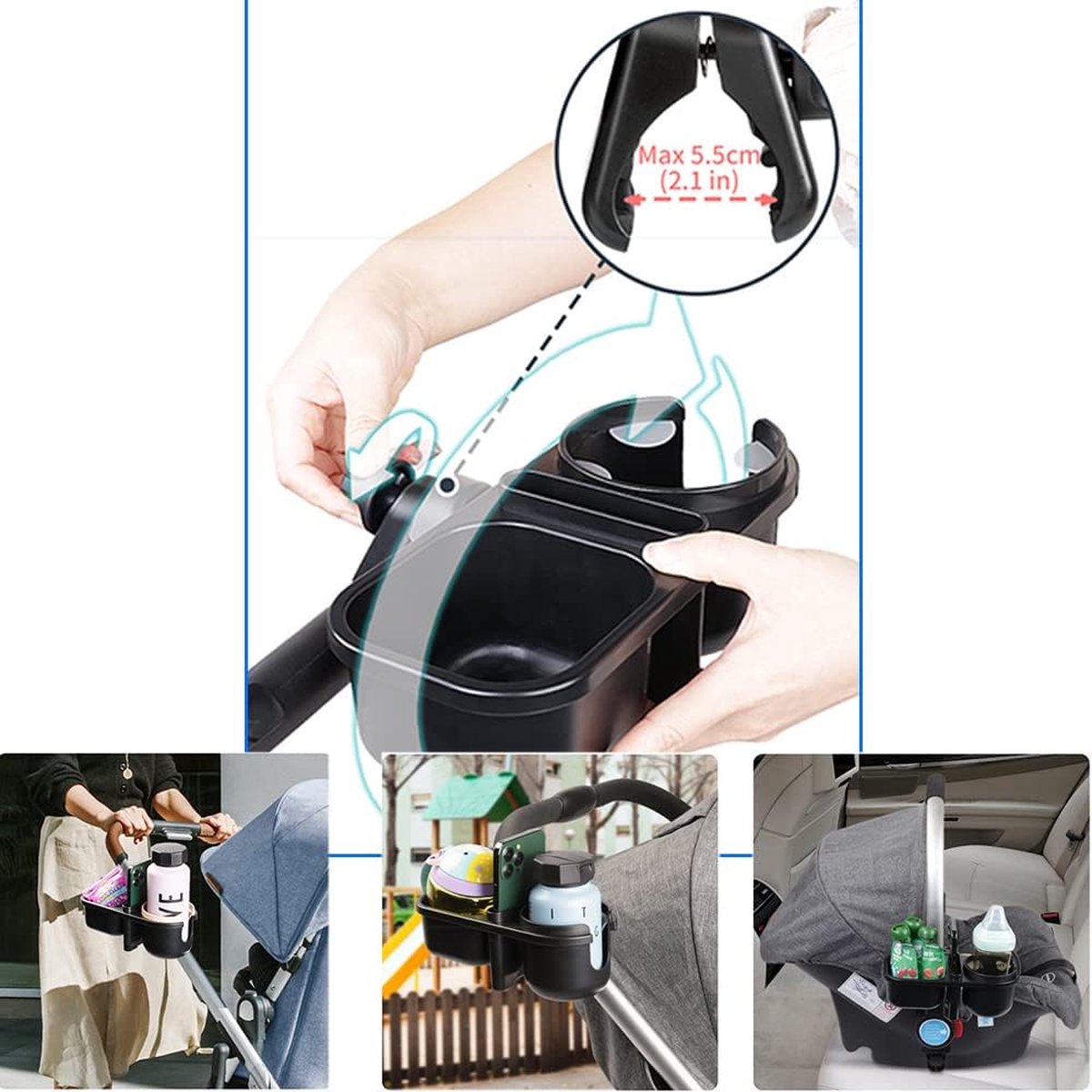 Accessoire Poussette Simili Cuir Plateau à Collations Pour Poussette - Simili Cuir Imperméable, Porte-gobelets, Rangement Jouets Et Tablette
