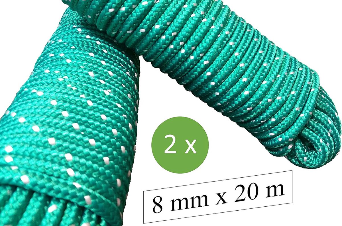 Touw 8 mm 40 m - 2 stuks set - polypropyleen touw PP, aanmaaklijn, multifunctioneel touw, breien, tuintouw, outdoor - breukbelasting: 700 kg, 40m x 8 mm set van 2 (2 x 20 m), groen-wit