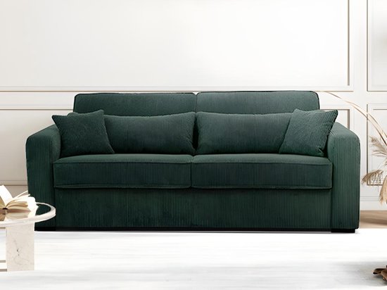Express-vierzitsslaapbank van groen ribfluweel - Bed met brede latten 160 cm - Matras 18 cm - MONDOVI L 214 cm x H 90 cm x D 96 cm