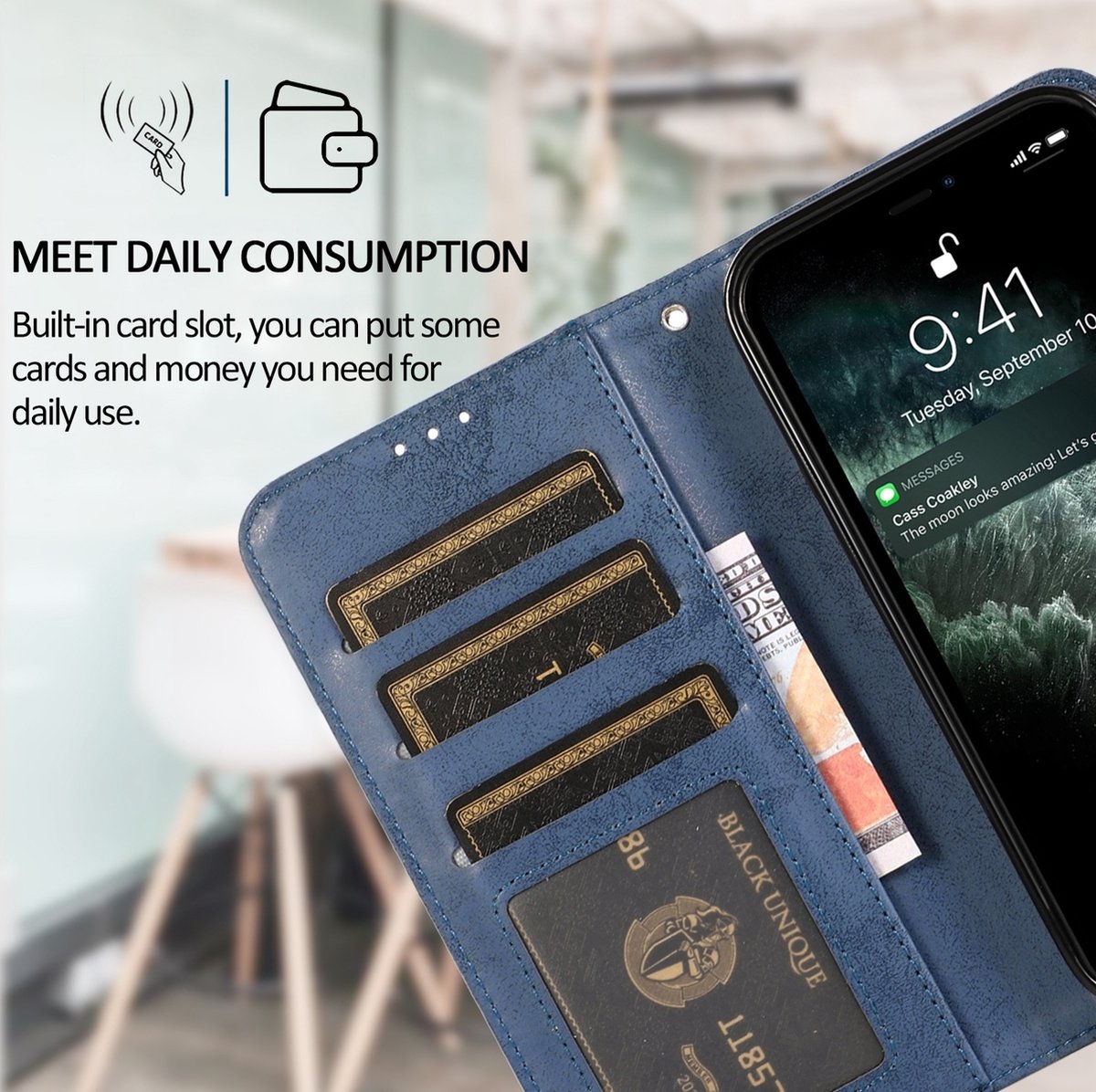 Mobigear Telefoonhoesje geschikt voor Apple iPhone 15 Hoesje | Mobigear Wallet Uitneembare 2in1 Bookcase Portemonnee | Pasjeshouder voor 3 Pasjes | Telefoonhoesje voor Pinpas / OV Kaart / Rijbewijs - Donkerblauw