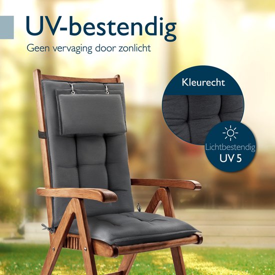 Beautissu Set van 2 Premium Hoge Rugleuning Kussen met Hoofdkussen 120x50 cm Sun-HL – UV-bestendig & 8cm Dik Kussen Tuinstoelkussen Antislip Bevestigingsbanden – Stevige Stof Wit Beige Gestreept