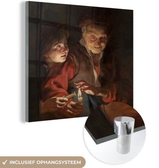 MuchoWow® Glasschilderij 20x20 cm - Schilderij acrylglas - Oude vrouw en jongen met kaarsen - Schilderij van Peter Paul Rubens - Foto op glas - Schilderijen