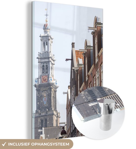 MuchoWow® Glasschilderij 80x120 cm - Schilderij acrylglas - Amsterdamse huizen en de Westerkerk - Foto op glas - Schilderijen