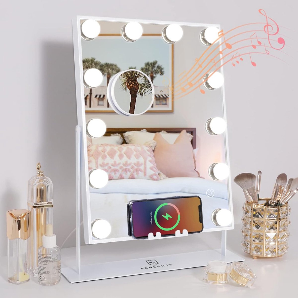 Ayangoods Verlichte Make-upspiegel met Hollywood-stijl Verlichting en Cosmetische Lichtkleuren Instelbare Verlichting Dimbaar Make-up Spiegel met Lichtkleuren Verstelbare Spiegelhoek Elegant Design