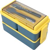 Kleine Geel & Blauwe Lunchbox - 1400ml - Met servies en vakjes x3 - Geschikt voor rijst, noodles, groente, vlees en meer! - Voor kinderen en volwassenen - Geel & Blauw