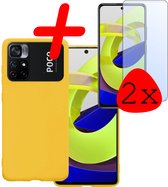 Hoes Geschikt voor Xiaomi Poco M4 Pro 5G Hoesje Siliconen Back Cover Case Met 2x Screenprotector - Hoesje Geschikt voor Xiaomi Poco M4 Pro 5G Hoes Cover Hoesje - Geel