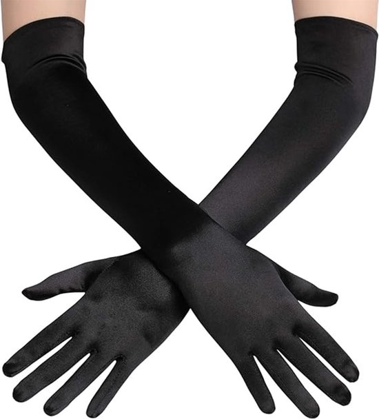 Zwarte handschoenen - 55 cm lang - satijnachtig - silk - sexy - classy - gala - verkleden - accessoire - jaren 20 - audrey hepburn - maskerade - the great gatsby