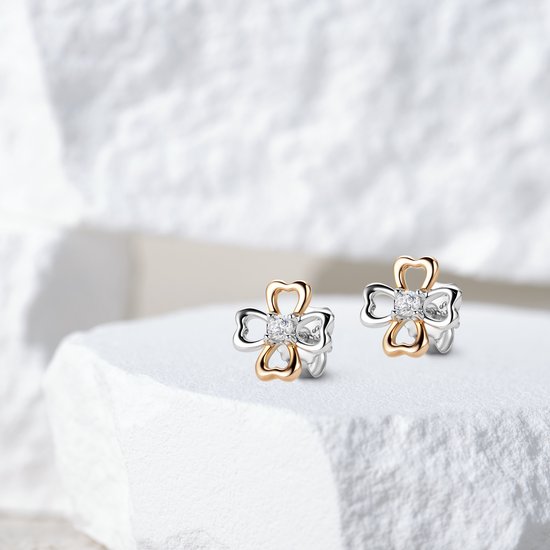 Miore® - Boucles Boucles d'oreilles Trèfle en Or Rose et Argent Ornées de Zircons - Femme - Plaqué Or 18 Goud - Rose - Argent Sterling 925 - Dual - Trèfle - Zircone Cubique - Sans Allergène - Puces - Bijoux Main de Haute Qualité