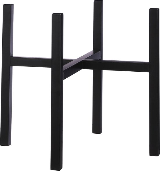 Support de plante noir en métal avec quatre pieds et un cadre croisé.