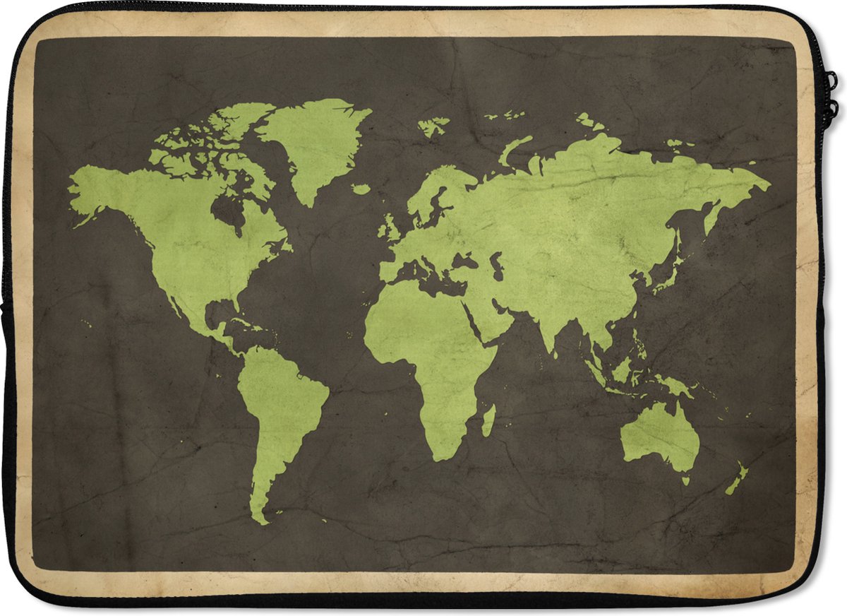 Laptophoes 13 inch - Wereldkaart - Groen - Vintage - Laptop sleeve - Binnenmaat 32x22,5 cm - Zwarte achterkant