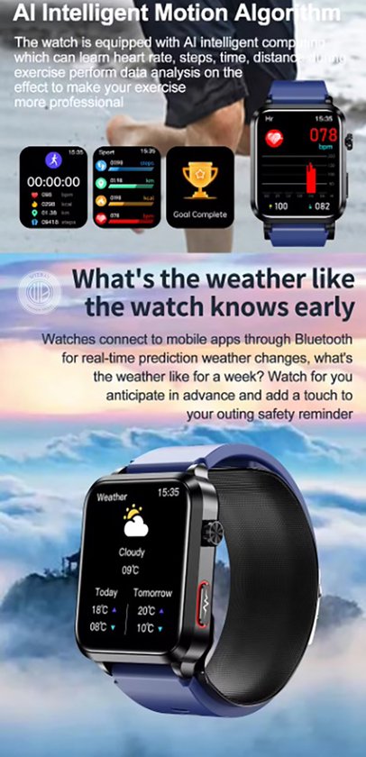 Zwarte smartwatch met blauwe band toont het weerbericht en trainingsstatistieken.