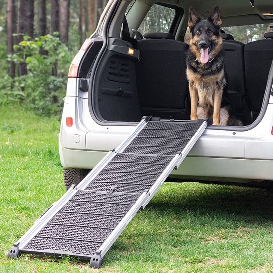 Foto: Hondenloopplank voor auto uitschuifbare hondentrap auto voor grote honden stabiel antislip reflecterende zijkanten voor in het donker 90kg capaciteit loopplank hond sluitingsclip zwart