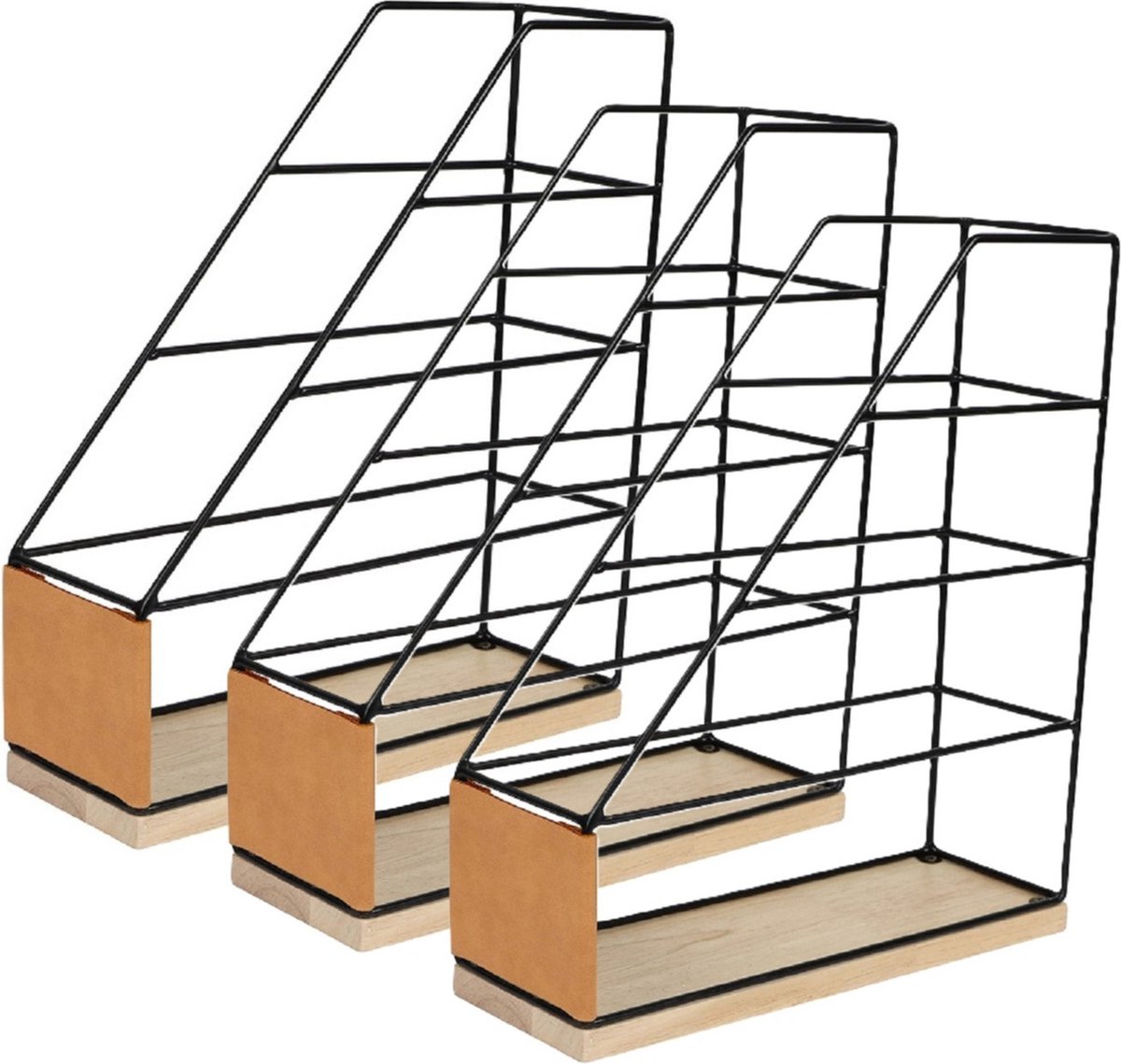 Modern Spirit Lectuurbak/documenten opbergbak - 3x - zwart/beige - metaal/hout - L9 x B25 x H29 cm - Kantoorbenodigdheden - Bureau-accessoires