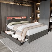 Sweiko Gestoffeerd bed, 140*200cm, met lattenbod en hoofdbord, LED bed, nachtkastUSB interface, zakontwerp aan beide zijden van nachtkastje, met 4-laden, zonder matras, linnen, grijs