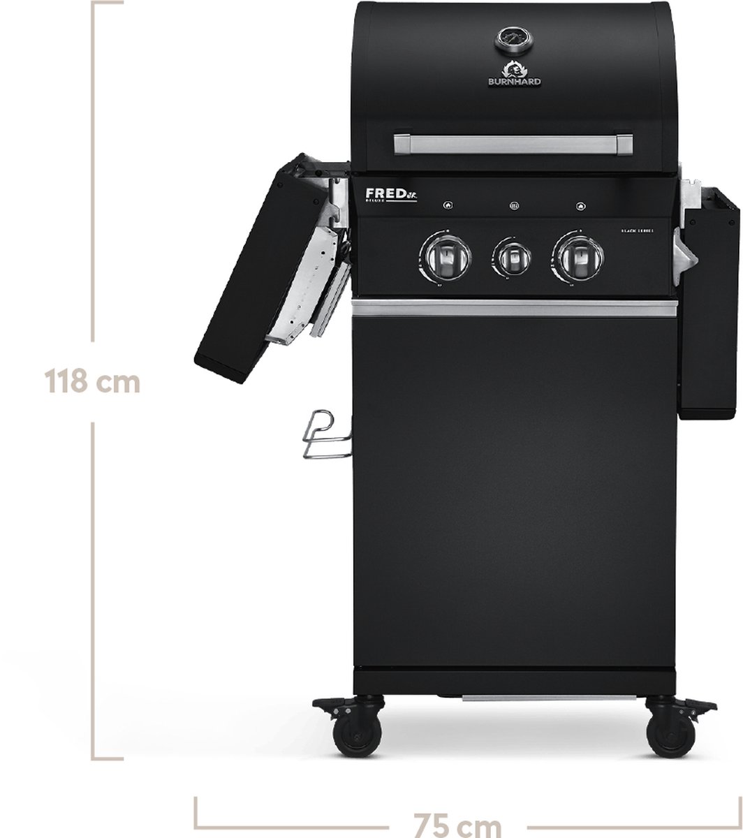 BURNHARD® 2 Branders gasbarbecue FRED Jr. Black Series 3, incl. 900°C keramische infraroodbrander, gietijzeren grillrooster + inklapbare zijtafels thumbnail 7
