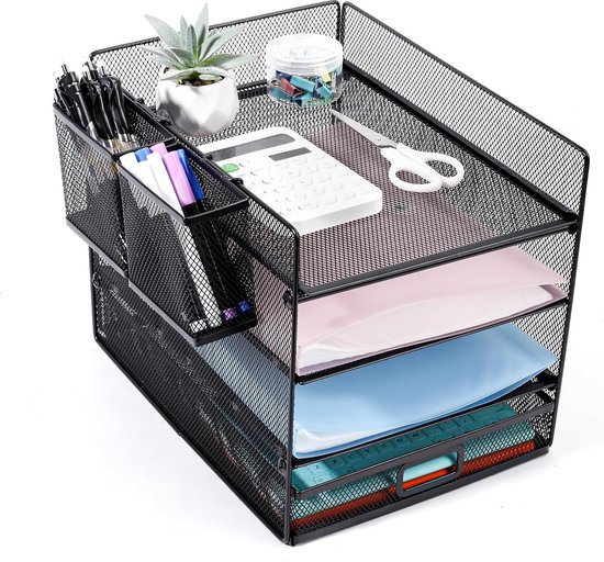 Marbrasse Bureau Organizer met Ordnerhouder, 5 Lagen Brievenbakje,Bureau-Opbergvak met Lade en 2 Pennenhouders,Mesh Bureau-Accessoires,Tijdschriftenhouder Voor Huis Kantoor (Paars