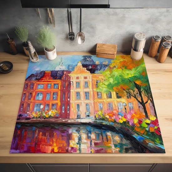 KitchenYeah® Inductie beschermer 60x60 cm - Olieverf - Amsterdam - Kunst - Kleurrijk - Kookplaataccessoires - Afdekplaat voor kookplaat - Inductiebeschermer - Inductiemat - Inductieplaat mat