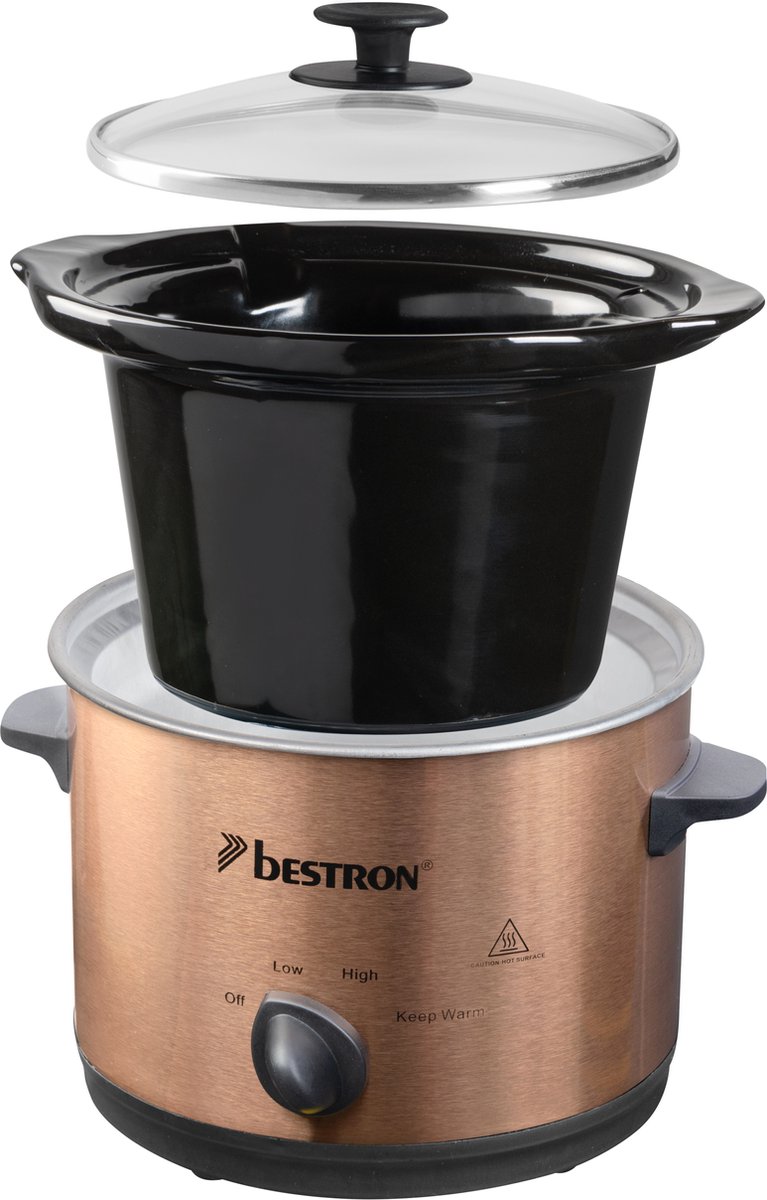 Afbeelding 2 van Bestron Slowcooker, met 3 programma's, keramische pan & glazen deksel, voor 2 Personen, 1.5L capaciteit, vatwasserveilig, 120 Watt, Copper Collection, kleur: Koper