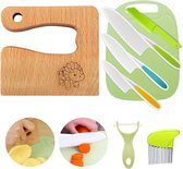 Kindermessen, 8-delige kinderkeukenmessenset voor het snijden en koken van groenten of fruit, voor peuters, inclusief houten mes, snijplank, schiller (dinosaurus)