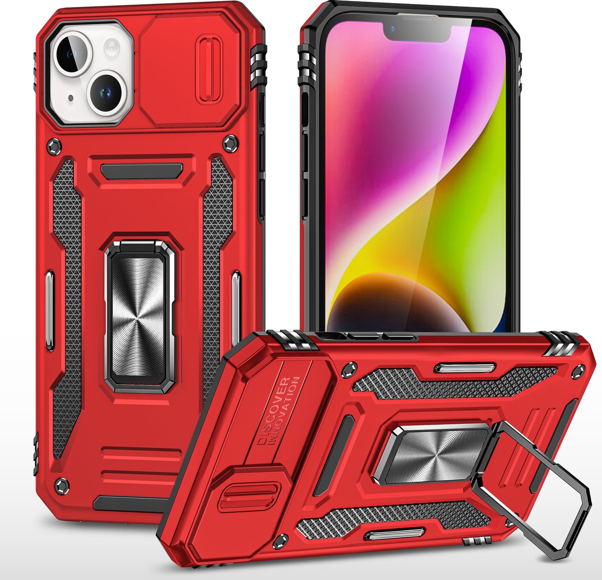 Nuvex Hoesje geschikt voor iPhone 15 Plus Rood Telefoonhoesje - Anti-Shock Case Cover Hybrid Armor Hoes met Kickstand Ring met Screenprotector