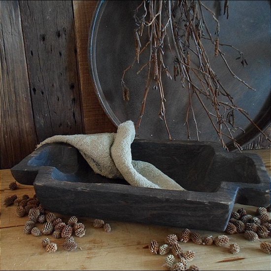 Authentieke houten trog/bak met handgrepen handgemaakt in rustiek bruin