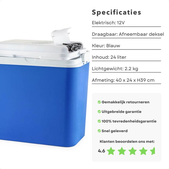 Draagbare Elektrische Koelbox - 12V Autokoelbox - 24L - Blauw - 12V Aansluiting - Lunchbox - Frigobox - Voor Auto & Onderweg - Camping - Reizen - Coolbox - 40 x 24 x H39 cm - Inclusief EBOOK van Merkloos — afbeelding 2