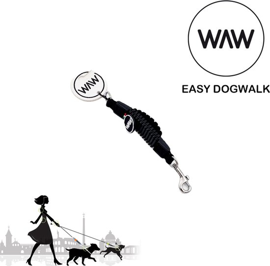 Zwarte schokdemper riem naast een illustratie van een vrouw met twee honden in Rome.