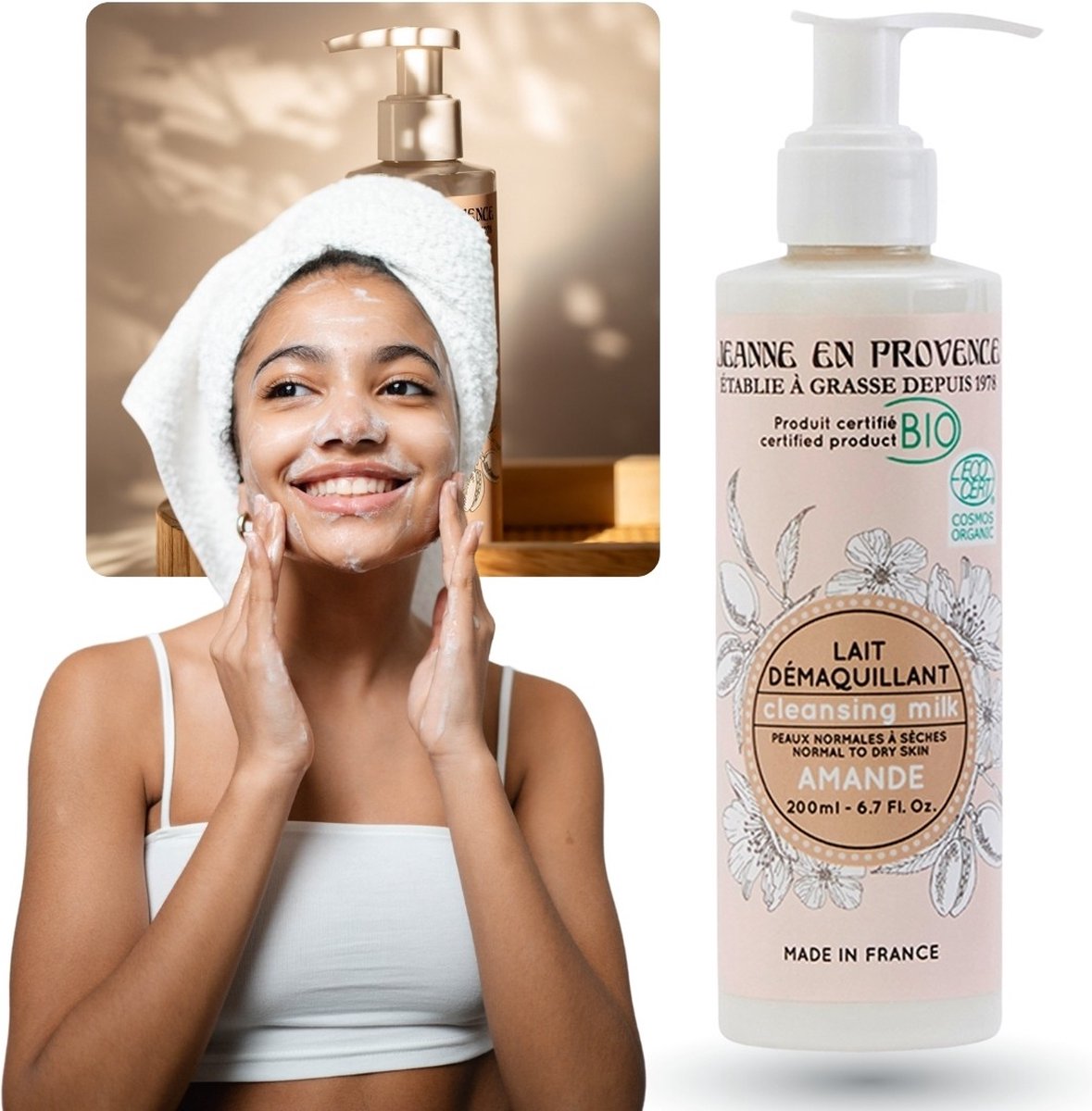 Jeanne en Provence Lait Démaquillant - Reinigende gezichtsmelk, amandel BIO, natuurlijke, met pompje 200 ml