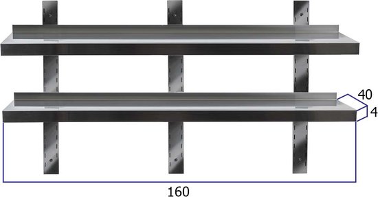 HCB® - Professionele Wandschap van metaal - Dubbel wandschap - RVS - Muurplank - wandplank - Horeca - 160x40x4 cm (BxDxH)