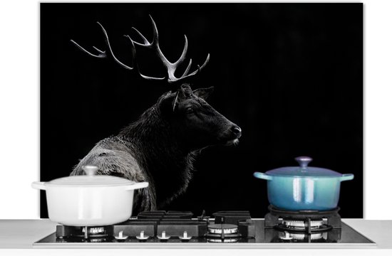 Spatscherm keuken 100x65 cm - Kookplaat achterwand Hert - Zwart - Portret - Gewei - Dieren - Muurbeschermer - Spatwand fornuis - Hoogwaardig aluminium