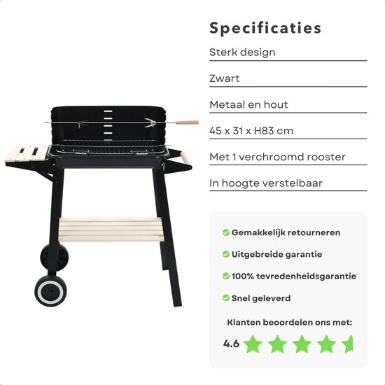 Cheqo® Barbecue Verrijdbaar - BBQ op Wielen - Houtskool BBQ - Buitenkeuken - 45x31cm - 6kg - Windscherm met Gleuven - 2 Wielen - Verstelbaar van Cheqo — afbeelding 2