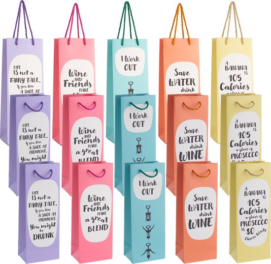 MATANA 15 Cadeauzakjes voor Wijn met Grappige Quotes - Geschenktasjes, Geschenkverpakking - Flessen Cadeau Verpakking voor Kerstmis, Verjaardagen, Feesten - Dik & Stevig (35x13x9cm)