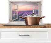 Spatscherm keuken 60x40 cm - Kookplaat achterwand Doorkijk - Lavendel - Bloemen - Hout - Zonsondergang - Paars - Muurbeschermer - Spatwand fornuis - Hoogwaardig aluminium