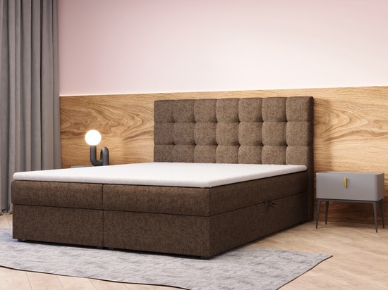 Continentaal bed, boxspringbed, bed met bedkast, Bonell-matras en topper, tweepersoonsbed - Boxspringbed 05 (Bruin - Hugo 24, 140x200 cm)