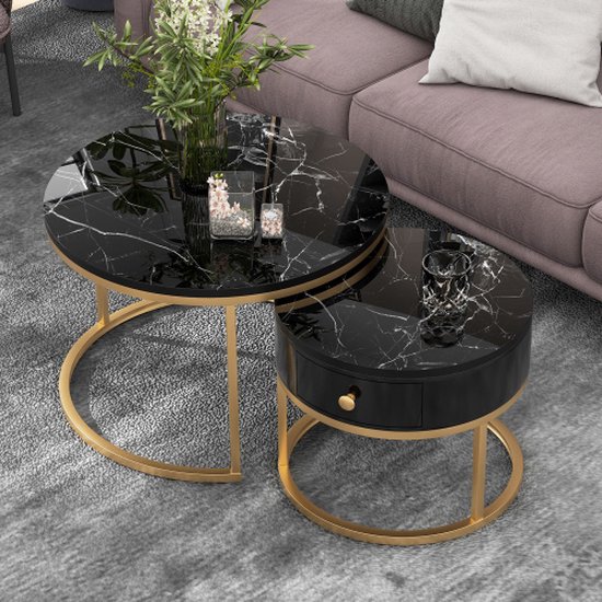 Moderne salontafel met hoogglans marmerpatroon Set van 2 ronde salontafels Ronde geneste bijzettafel