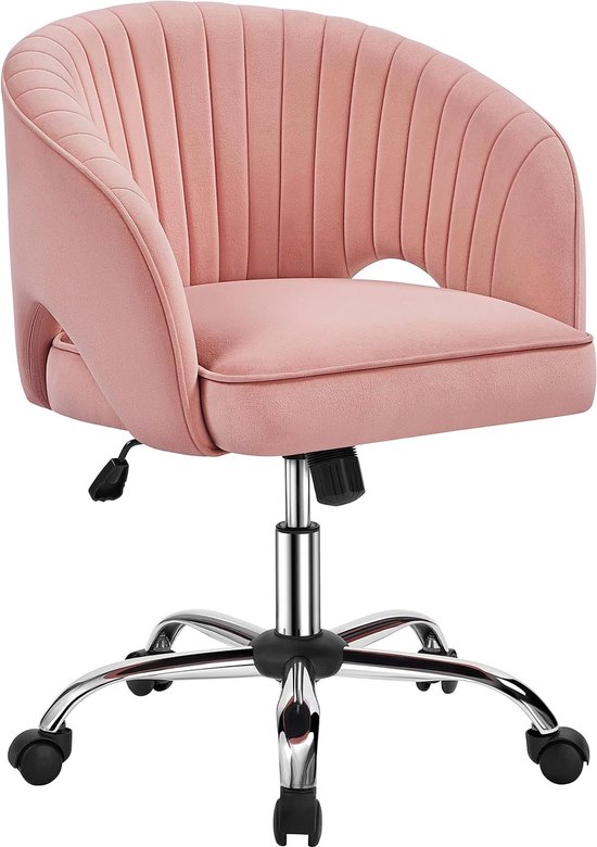 Bureaustoel met fluwelen bekleding, ergonomische bureaustoel met armleuningen, draaistoel met wieltjes, gestoffeerde stoel, in hoogte verstelbaar, bureaustoel met schommelfunctie, draaibaar, roze