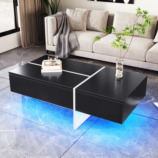 Hoogglanzende rechthoekige Roffee-tafel - zwart imitatiemarmer en zwart lijnontwerp - 100 * 50 * 34,5 cm - met app-gestuurd LED-verlichtingssysteem