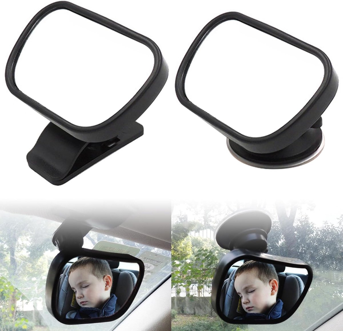 Autospiegel voor achterbank 2 stuks veiligheidsspiegel voor baby's 360 graden verstelbaar - Achterbankspiegel met zuignap en clip, breed zicht