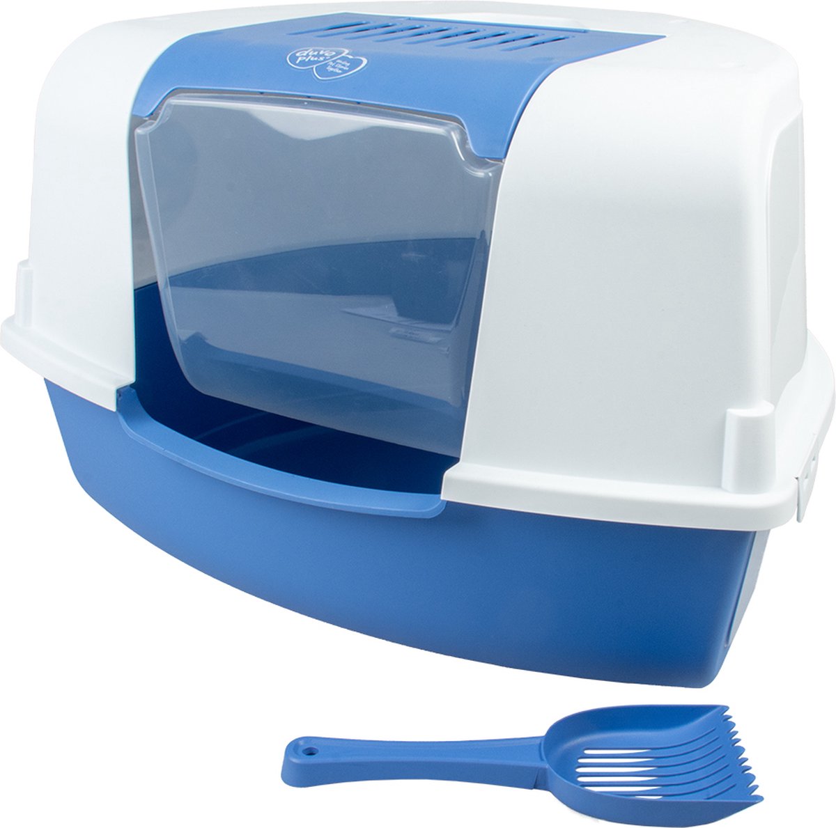Duvo+ kattentoilet ariel hoek met filter & schepje 58x47x38cm blauw/wit Duvo+ kattentoilet ariel hoek met filter & schepje 58x47x38cm blauw/wit