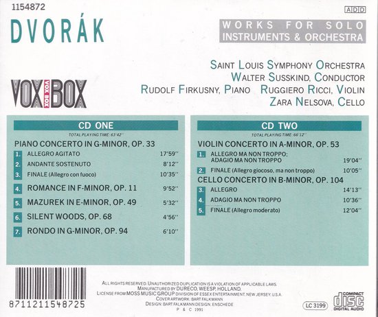 Dubbel cd-hoes met Dvořák en tracklijsten voor CD EEN en CD TWEE, inclusief musici.