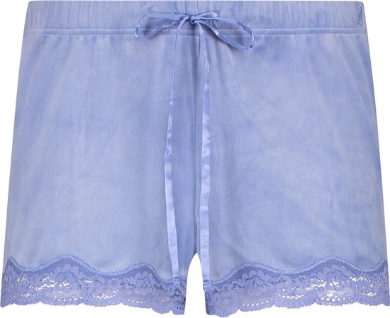 Hunkemöller Dames Nachtmode Shorts Velours Lace - Blauw - maat XL