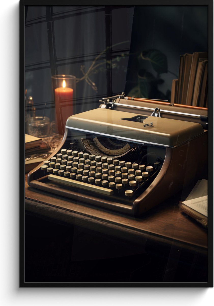 FrameYourWall Poster in lijst - Fotolijst 80x120 cm - Posters - Vintage - Typmachine - Kaars - Oud - Bureau - Posterlijst zwart - Decoratie - Wanddecoratie woonkamer - Muurdecoratie slaapkamer