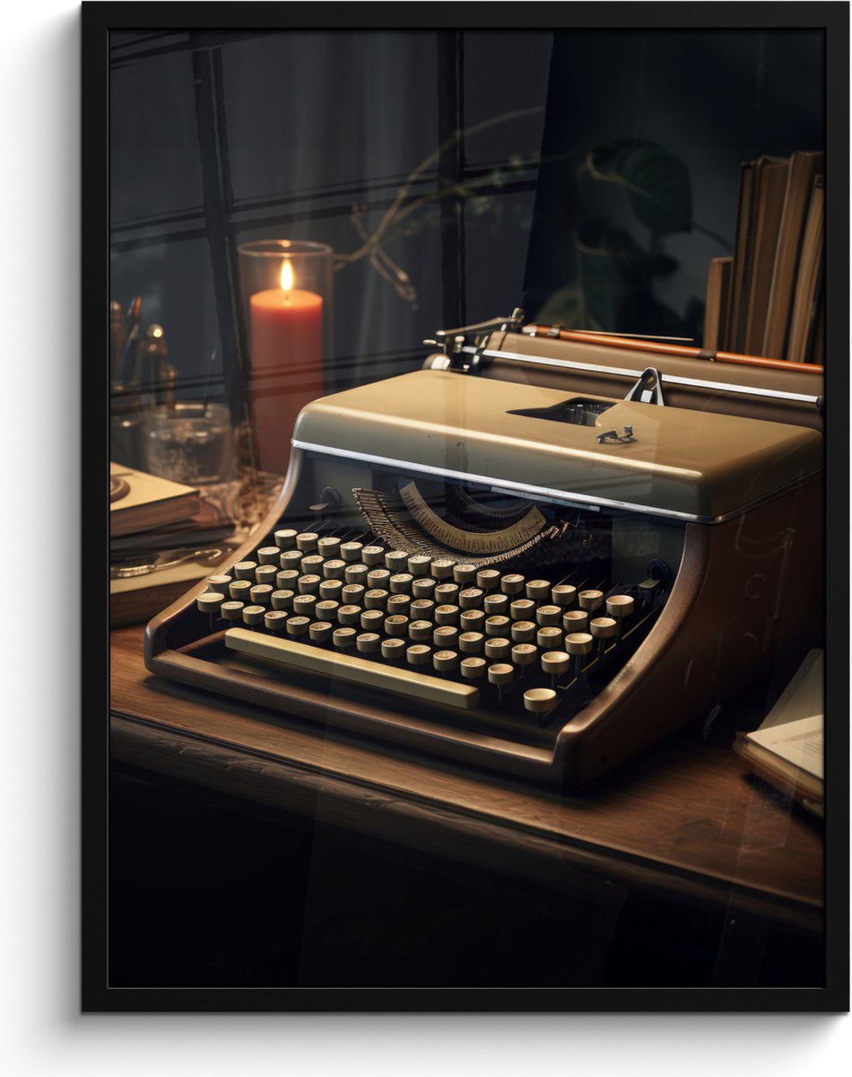 FrameYourWall Poster in lijst - Fotolijst 60x80 cm - Posters - Vintage - Typmachine - Kaars - Oud - Bureau - Posterlijst zwart - Decoratie - Wanddecoratie woonkamer - Muurdecoratie slaapkamer